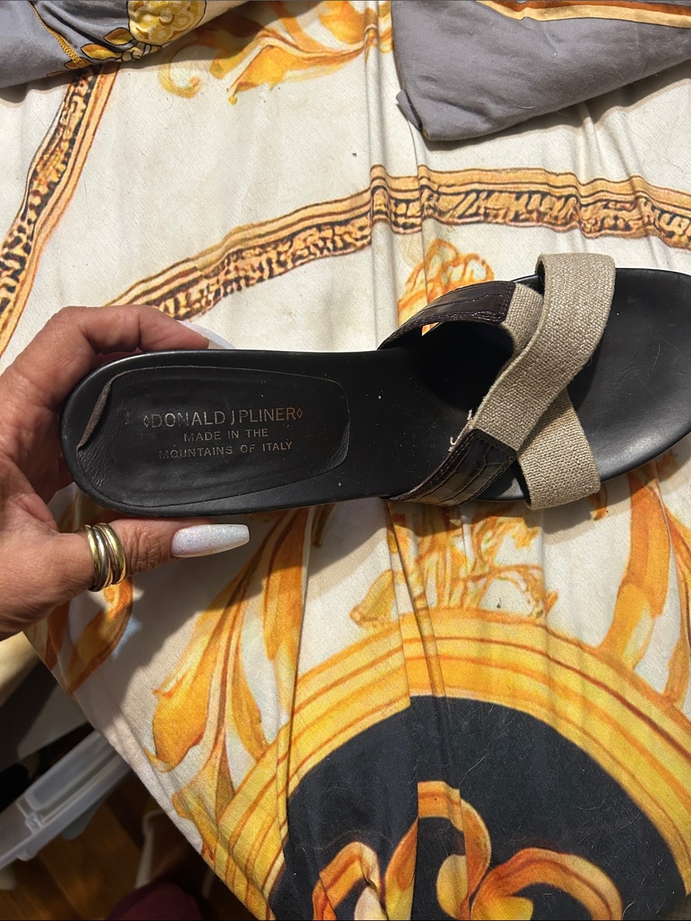Donald J. Pliner Black Footbed Tan Woven Strap Slide